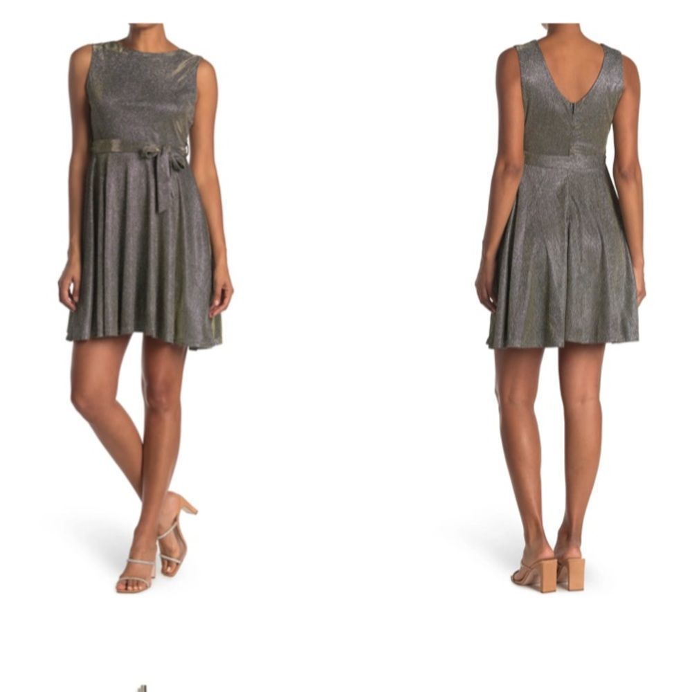 Papillon V-Back Tie Waist Glitter Dress | NWT | Large | Gold **no belt